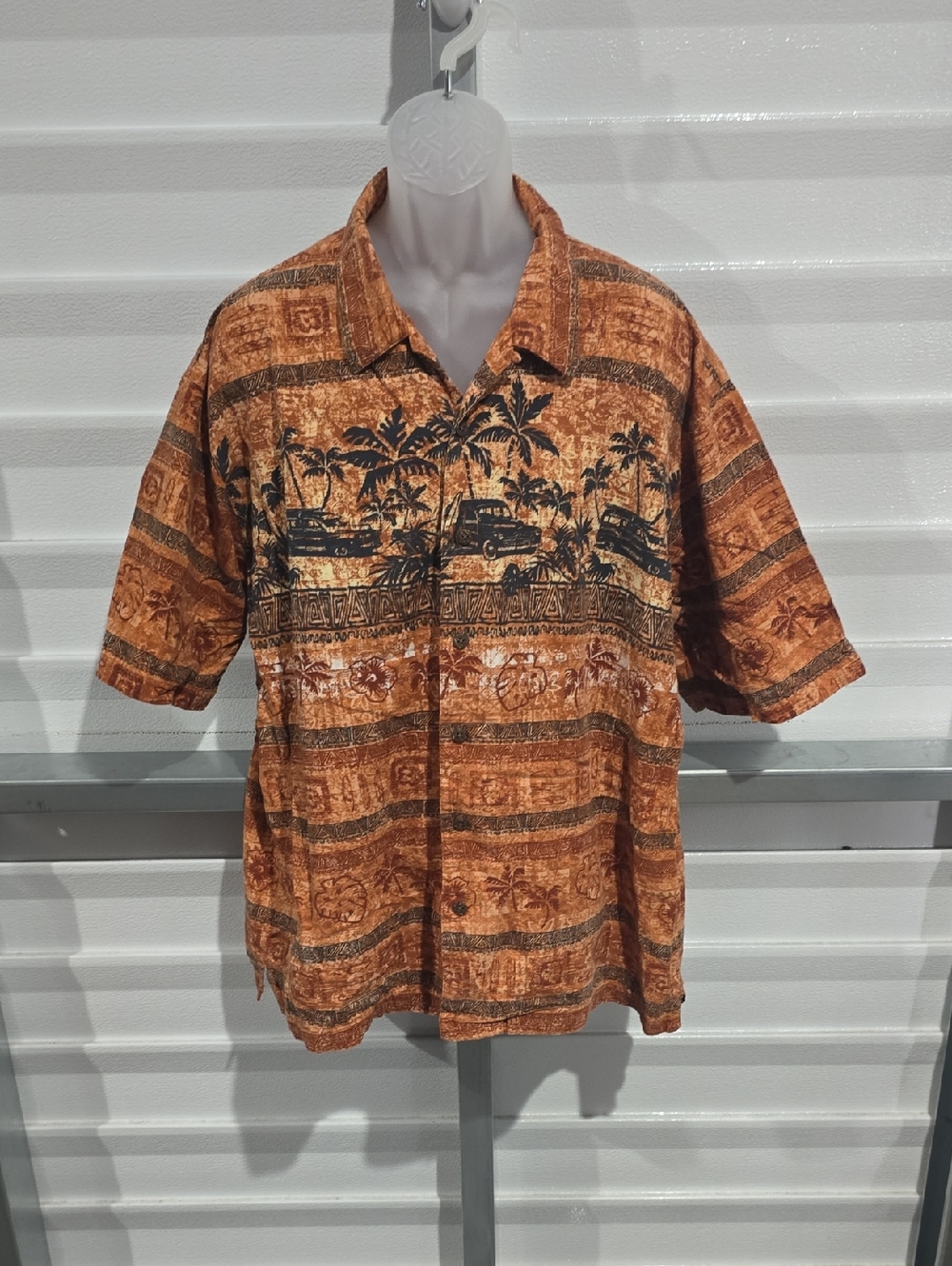 Boca Classics  Short-Sleeve Button-Down Shirt in Rust Orange Tropical Print XXLT